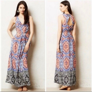 Anthropologie Maeve Medallion Cut Silk Maxi Dress Blue Orange‎ Sleeveless Size 6